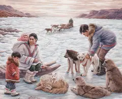 Family with sled dogs by Anna T Noeh, 1999, acrylic on board, sold Feb 2026