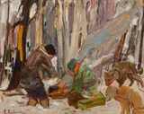 Trapper and Dogs by René Jean Richard, 1955, oil on board, sold Jan 2026