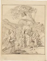 Die hl. Elisabeth verläßt 1227 die Wartburg mit ihren drei Kindern, gefolgt von einer Wärterin, geleitet von einem Engel“. Vor 1834 by Ludwig Emil Grimm, Feder in Sepia und Bleistift auf Velin (Wz.: J WHATMAN), sold Nov 2025