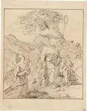 Die hl. Elisabeth verläßt 1227 die Wartburg mit ihren drei Kindern, gefolgt von einer Wärterin, geleitet von einem Engel“. Vor 1834 by Ludwig Emil Grimm, Feder in Sepia und Bleistift auf Velin (Wz.: J WHATMAN), sold Nov 2025