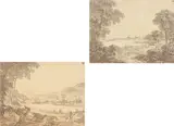 Ansicht von Dresden mit Spaziergängern / Landschaft mit Flusslauf und Landvolk by Adrian Zingg, Jeweils Radierung, braun laviert, auf Papier, auf Bütten, auf Karton, sold Jun 2025