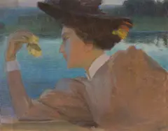 Frau im Profil nach links mit einer Blume in der Hand by Max Pietschmann, 1896, Pastell auf braunem Velin, sold Jun 2025