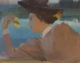 Frau im Profil nach links mit einer Blume in der Hand by Max Pietschmann, 1896, Pastell auf braunem Velin, sold Jun 2025