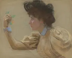 Frau im Profil nach links mit einer Blume in der Hand by Max Pietschmann, 1896, Pastell auf bräunlichem Papier, sold Jun 2025