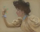Frau im Profil nach links mit einer Blume in der Hand by Max Pietschmann, 1896, Pastell auf bräunlichem Papier, sold Jun 2025