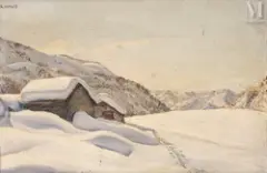 Paysage montagneux au chalet enneigé by Angelo Abrate, Huile sur panneau, sold Sep 2026