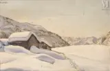Paysage montagneux au chalet enneigé by Angelo Abrate, Huile sur panneau, sold Sep 2026