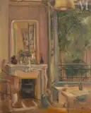 Intérieur de salon et vue sur jardin by Lucien Adrion, Huile sur toile d'origine, sold Sep 2026