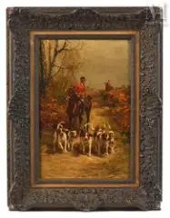 Veneur à cheval et ses chiens by Charles Olivier de Penne, Huile sur panneau, sold Sep 2026