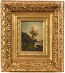 Bord de rivière avec un pont dans le lointain by Alexandre René Veron, Huile sur panneau, sold Sep 2026
