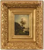 Bord de rivière avec un pont dans le lointain by Alexandre René Veron, Huile sur panneau, sold Sep 2026
