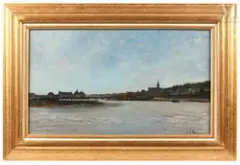 Pont enjambant un fleuve près d'une ville by Karl Daubigny, 1884, Huile sur panneau, sold Sep 2026