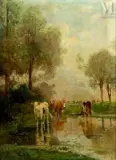 Paysanne et son troupeau de vaches by Joseph Million, Huile sur toile, sold Jul 2026