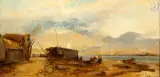 Vue de paillotes en bord de mer, des voiliers au loin by James Webb, Huile sur panneau, sold Sep 2025