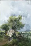 Villageois à l’entrée du village par temps d'orage by Godefroy de Hagemann, Huile sur panneau parqueté, sold Sep 2025