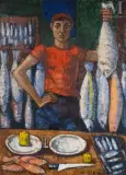 Le pecheur by Meriem Meziane, Huile sur panneau, sold Jul 2025