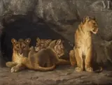 Les lionnes devant une grotte by Pierre-Napoléon-Eugène Relin, Huile sur panneau, une planche non parqueté, sold Jul 2025