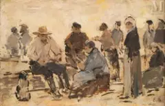 Marché, paysans bavardant, vers 1880-1885 by Eugène Louis Boudin, Huile sur panneau, sold Jul 2025