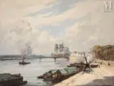 Remorqueur et péniches sur la Seine devant Notre-Dame by Henri Barnoin, Huile sur toile d'origine, sold Jul 2025