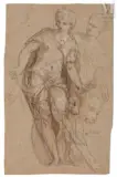 Etude d’homme en pied tenant un chien, avec reprises du mouvement d’après Véronèse by Benedetto Calliari, Plume et encre brune, lavis brun sur traits de crayon noir, sold Mar 2025