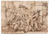 L’adoration des bergers by Thomas Blanchet, Plume et encre brune sur traits de crayon noir, sold Mar 2025