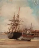 Bateaux au port by Jean Baptiste Henri Durand-Brager, Huile sur papier marouflé sur carton, sold Mar 2025