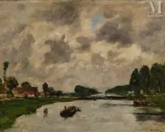 Saint Valéry sur Somme, le canal d'Abbeville by Eugène Louis Boudin, Huile sur panneau une planche non parquetée, sold Mar 2025