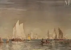 Voiliers et gondole sur la lagune à Venise by Félix Ziem, Aquarelle sur papier, sold Mar 2025