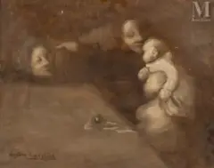 Femme et enfants by Eugène Carrière, Huile sur toile d'origine, sold Mar 2025