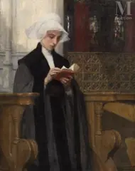 Femme Lisant by Edgar Maxence, Huile sur panneau sur une planche non parquetée, sold Mar 2025