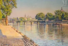 Pont sur la Seine à Paris, Passerelle de l'Institut by Gustave Cariot, 1935, Huile sur toile d'origine, sold Mar 2025