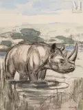 Rhinocéros by Paul Jouve, Crayon, encre de Chine et aquarelle sur papier Arches, sold Mar 2025