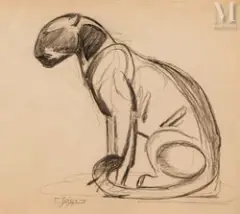 Panthère noire assise by Gaston Suisse, Crayon gras sur Japon impérial, sold Mar 2025