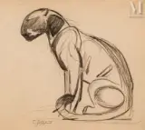 Panthère noire assise by Gaston Suisse, Crayon gras sur Japon impérial, sold Mar 2025
