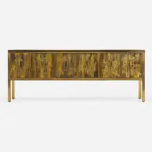 Cabinet by Bernhard Rohne, c. 1980, etched, patinated, and enameled bronze, gilt wood, sold May 2023
