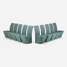 Custom dining chairs, set of ten by Eric Jourdan, c. 2002, leather, enameled tubular steel, sold May 2023