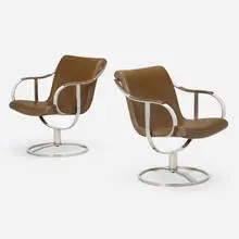 Swivel armchairs, pair by Gardner Leaver, 1971, stainless steel, leather, sold May 2023