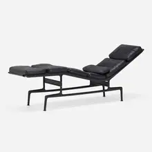 Production Prototype Billy Wilder chaise lounge, model ES106 by Charles and Ray Eames, 1968, nylon-coated aluminum, plasticized Fiberthin, leather, sold May 2023