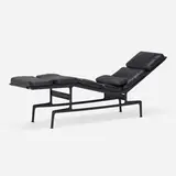 Production Prototype Billy Wilder chaise lounge, model ES106 by Charles and Ray Eames, 1968, nylon-coated aluminum, plasticized Fiberthin, leather, sold May 2023