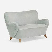 Barrel settee by Vladimir Kagan, upholstery, oak, sold May 2023