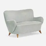 Barrel settee by Vladimir Kagan, upholstery, oak, sold May 2023