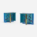 Occasional tables, pair by Postmodern, 1987, lacquered wood, brass, etched glass, sold May 2023