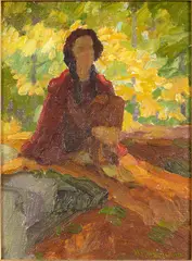 Jane in Red by Henry Ryan MacGinnis, Oil on Board, offered Feb 2023