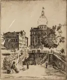 City Hall from Site of Hyatt Hotel by Christopher Murphy Jr., c. 1930, Etching, offered Oct 2022