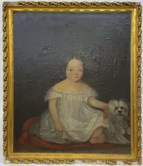 Untitled by Wine, oil on canvas portrait of a little girl with dog, offered Mar 2021
