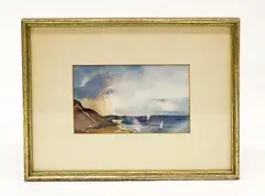 Untitled by Wine, watercolor on paper coastal scene with sailboats, offered Mar 2021