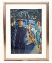 Untitled by Stanley Sobossek, watercolor on paper two men of the cloth with two ladies in the night, offered Mar 2021