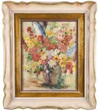 Floral Still life.' House in a handcarved Badura frame. Carved signature on verso. Frame dimensions: by Bernard "Ben" Badura, oil on canvas and appears to be, offered Mar 2023