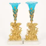 Gilt by Bronze and Blue Glass Epergnes, bronze and blue glass Epergnes. H 15 1/4" x W 5 3/4" x D 3 1/2". Provenance: The, offered Mar 2023