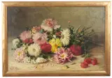 Chrysanthemums by Emily Harris McGary Selinger, 1898, Oil on canvas. Signature, bottom left. H 36" x W 24"; H 39 1/2" x W 27 1/2" (ove, offered Mar 2023